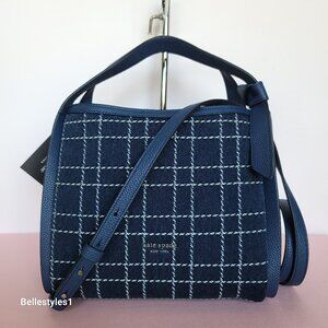 KATE SPADE Knott MEDIUM Denim Check & Leather Crossbody Tote- Indigo Multi⭐